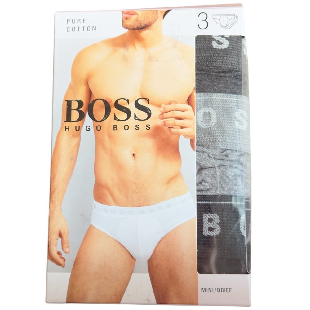 Hugo Boss Mens XL‎ Black Gray Cotton Mini Brief 3 Pack Logo Waistband New